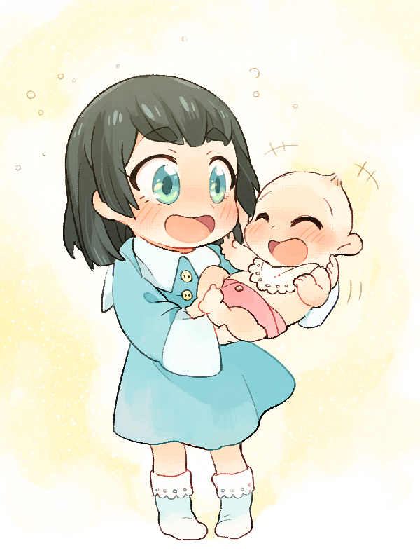 2girls, baby, bib, black_hair, blue_eyes, child, dress, happy