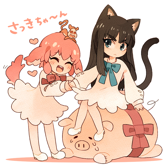 2girls, animal_ears, black_hair, bow, cat_ears, cat_tail, holding_hand, jakuzure_nonon