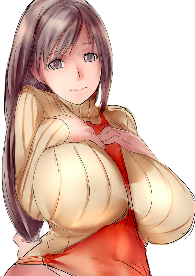 1girl, apron, breast_suppress, breasts, brown_eyes, brown_hair, dodai_shouji, huge_breasts