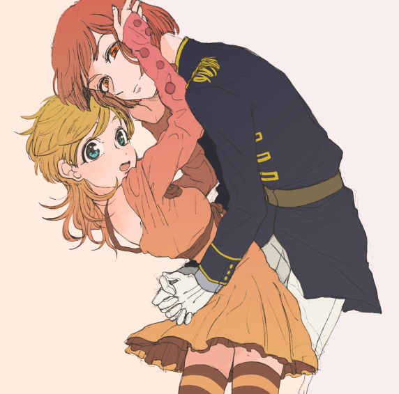 2girls, akiyama_(noconoco), blonde_hair, blue_eyes, dress, hot_pants_(sbr), jojo_no_kimyou_na_bouken, lucy_steel