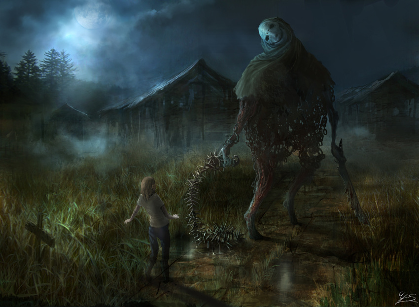 1girl, blade, blood, brown_hair, chain, clouds, cloudy_sky, cross, forest, full_moon, grass, grave, head_tilt, horror, monster, moon, nature, original, outdoors, shack, sky, spikes, whip, you_(shimizu)