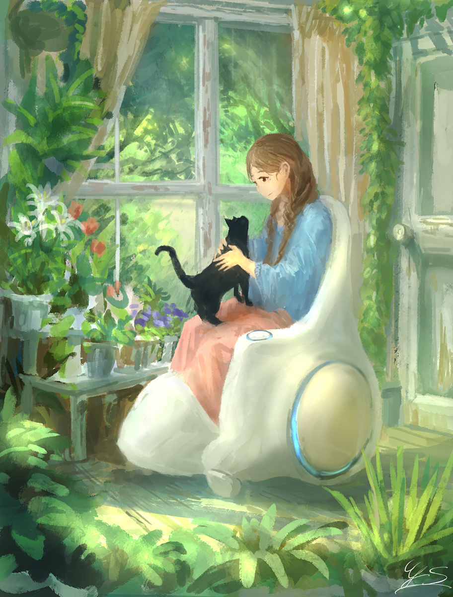 1girl, blanket, blanket_over_midsection, braid, brown_hair, bush, cat, flower, highres, indoors, mole, original, plant, sitting, tulip, twin_braids, window, you_(shimizu)