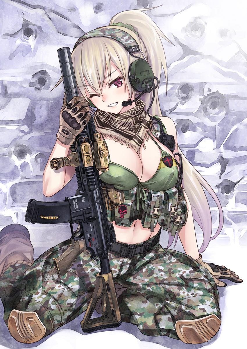 1girl, assault_rifle, badge, breasts, brown_gloves, brown_hair, camouflage_pants, cleavage