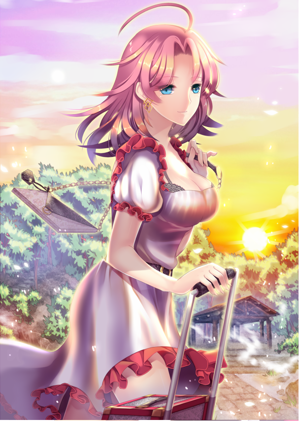 1girl, agrt, ahoge, aqua_eyes, bag, breasts, bridge, cleavage