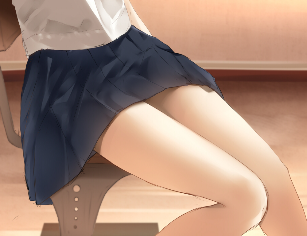 1girl, chair, karube, original, school_uniform, sitting, skirt, thighs