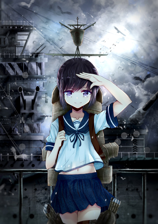 1girl, backpack, bag, black_gloves, blue_eyes, daikazoku63, fubuki_(destroyer), fubuki_(kantai_collection), gloves, kantai_collection, looking_at_viewer, navel, personification, salute, school_uniform, serafuku, short_hair, skirt, smile, solo