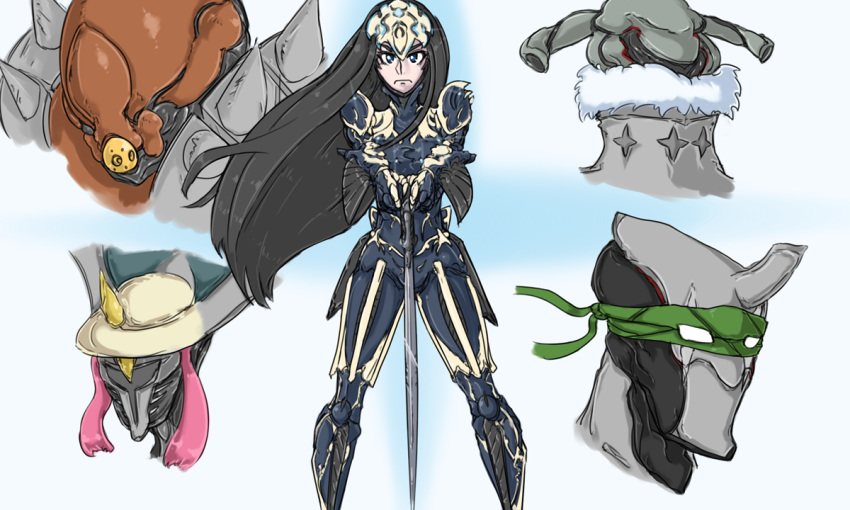 2girls, 3boys, banshee_(warframe), black_hair, blindfold, crossover, excalibur_(warframe), gamagoori_ira