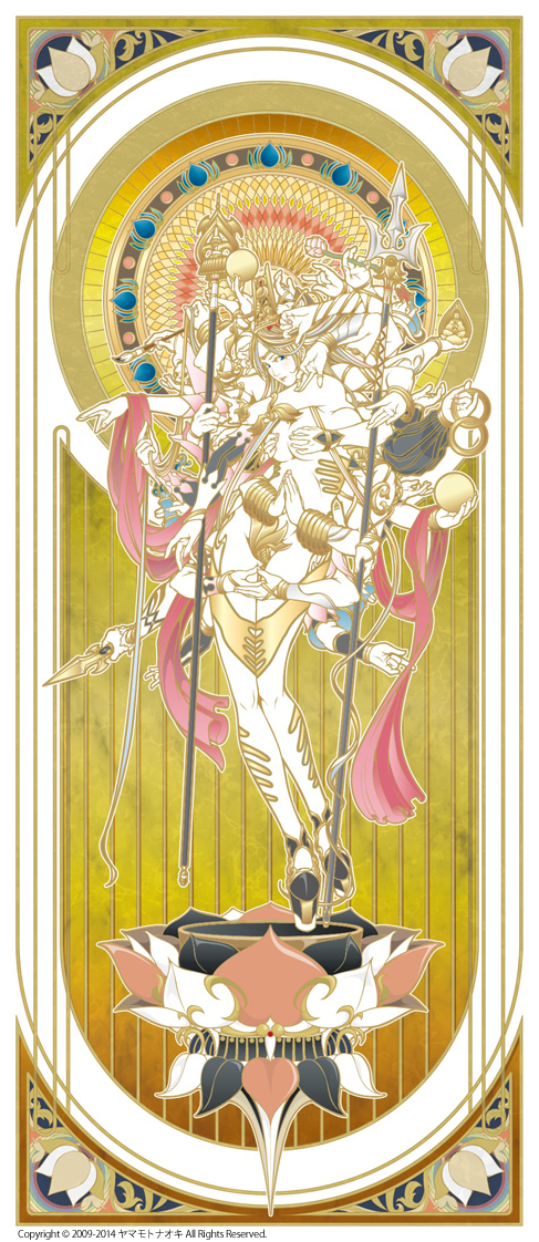 1girl, blue_eyes, breasts, buddhism, covering, covering_breasts, dhyana_mudra, extra_arms, flower, guanyin, karana_mudra, large_breasts, lips, long_hair, lotus, mudra, nude, paintbrush, solo, thousand-armed_guanyin, weapon, yamamoto_naoki_(bassman_naoki)