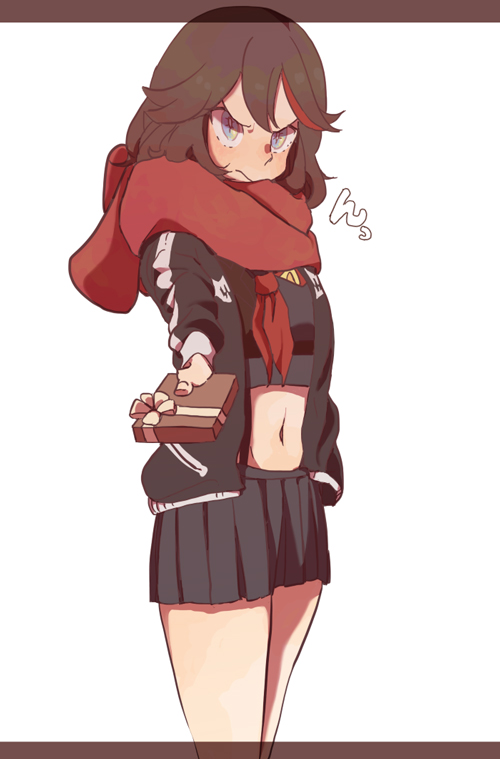 1girl, black_hair, blue_eyes, blush, chokuboron_ryou, kill_la_kill, matoi_ryuuko, midriff, navel, pleated_skirt, red_scarf, scarf, school_uniform, serafuku, skirt, solo, symbol-shaped_pupils, track_jacket, tsundere, valentine
