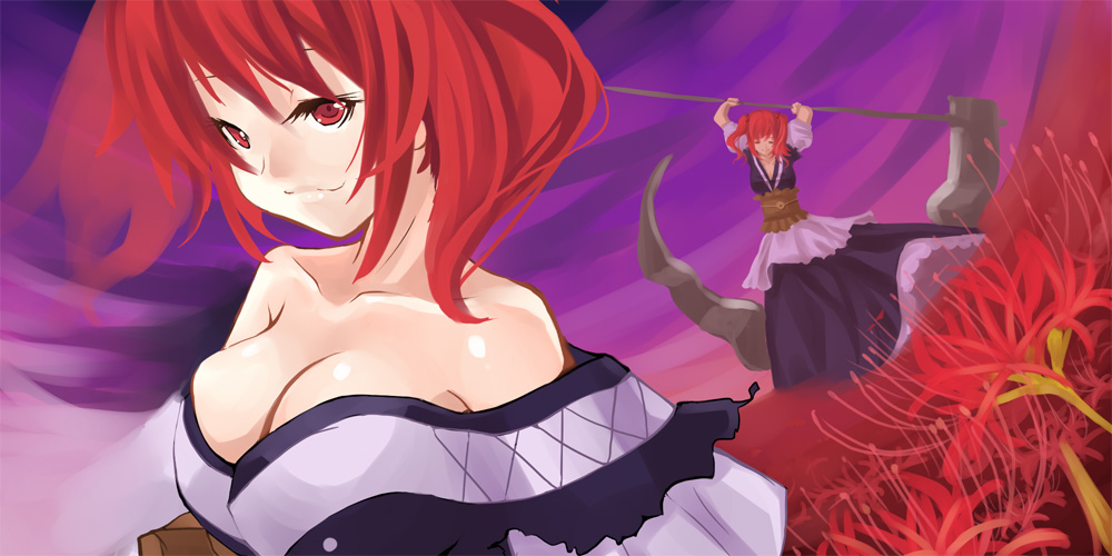 breasts, cleavage, hair_bobbles, hair_ornament, onozuka_komachi, red_eyes, red_hair, redhead