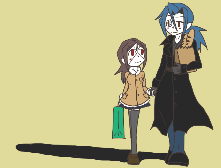 2girls, bag, baguette, black_gloves, blue_hair, blush, bread, carol_(skullgirls)