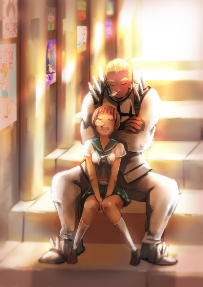 1boy, 1girl, blonde_hair, brown_hair, crossed_arms, dark_skin, drooling, eyebrows, gamagoori_ira, kill_la_kill, knees_together_feet_apart, mankanshoku_mako, nose_bubble, parari_(parari000), school_uniform, serafuku, short_hair, sitting, sitting_on_lap, sitting_on_person, sleeping, sleeping_upright, socks, spikes, stairs, thick_eyebrows