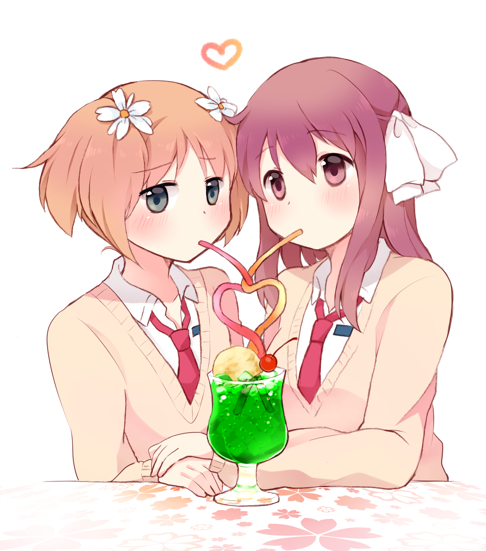2girls, black_eyes, blush, drinking, flower, glasses, hair_flower, hair_ornament