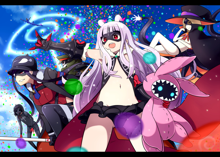 3boys, 4girls, antenna_hair, armband, bangs, bare_legs, bare_shoulders, black_gloves, black_hair, black_panties, blonde_hair, blunt_bangs, breasts, brown_hair, cloak, clouds, cloudy_sky, coat, dva, eyepatch, fur_trim, gas_mask, gauntlets, general_pepel, glasses, gloves, grin, half_gloves, hat, helmet, highleg, highleg_leotard, highres, hoodie, hoshimiya_kate, jimon_asuta, kurukuru, leotard, letterboxed, long_hair, long_sleeves, lowleg, lowleg_pants, lowleg_skirt, lying, mask, midriff, military, military_uniform, morozumi_yasube, multiple_boys, multiple_girls, natasha_(sekai_seifuku), navel, necktie, odin_(seikai_seifuku), open_mouth, panties, pants, peaked_cap, plamja-sama, professor_um, red_eyes, roboko_(sekai_seifuku), salute, sekai_seifuku:_bouryaku_no_zvezda, shikabane_gorou, shikabane_itsuka, silver_hair, sky, smile, star, stuffed_animal, stuffed_toy, sukemyon, sword, teeth, underwear, uniform, venera-sama, very_long_hair, weapon
