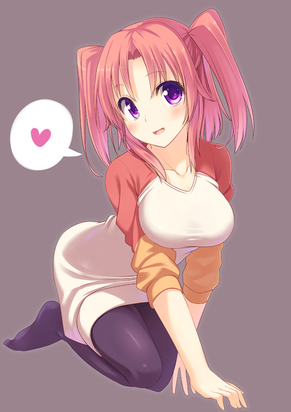 1girl, all_fours, black_legwear, blush, breasts, head_tilt, heart, large_breasts