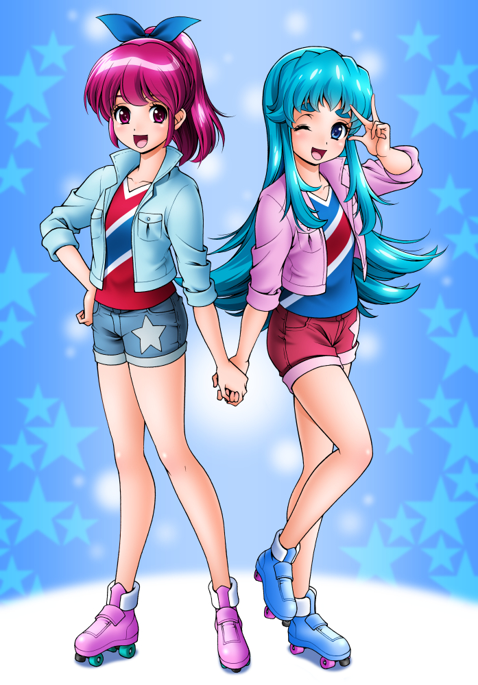 2girls, :d, ;d, aino_megumi, blue_background, blue_eyes, blue_hair, happinesscharge_precure!, holding_hands, jacket, long_hair, mattsua, multiple_girls, open_mouth, payot, pink_eyes, pink_hair, ponytail, precure, roller_skates, shirayuki_hime, shirt, short_hair, shorts, skates, smile, standing, star, starry_background, symmetry, v, wink