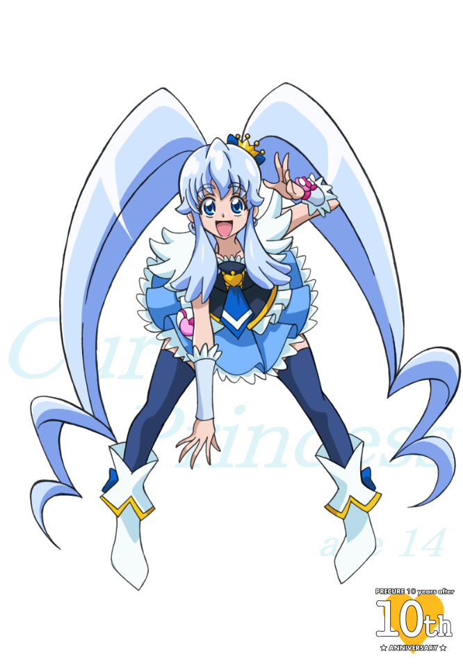 1girl, :d, anniversary, arudebido, blue_eyes, blue_hair, blue_legwear, blue_skirt
