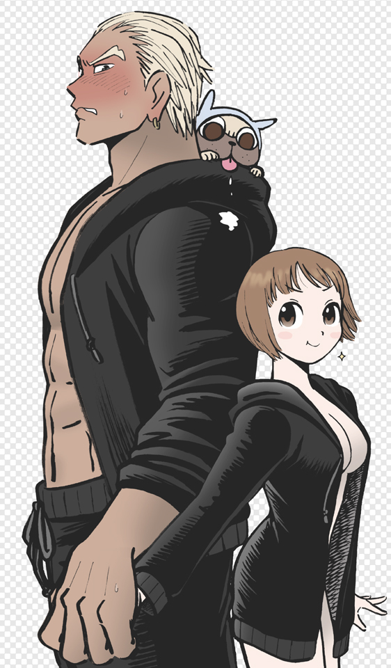 1boy, 1girl, blonde_hair, blush, bottomless, brown_eyes, brown_hair, censored