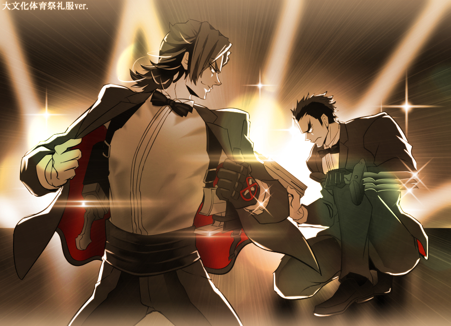 2boys, bevel, black_hair, dagger, formal, gun, kill_la_kill, kinagase_tsumugu, mikisugi_aikurou, mohawk, multiple_boys, reverse_grip, single_glove, suit, tuxedo, weapon
