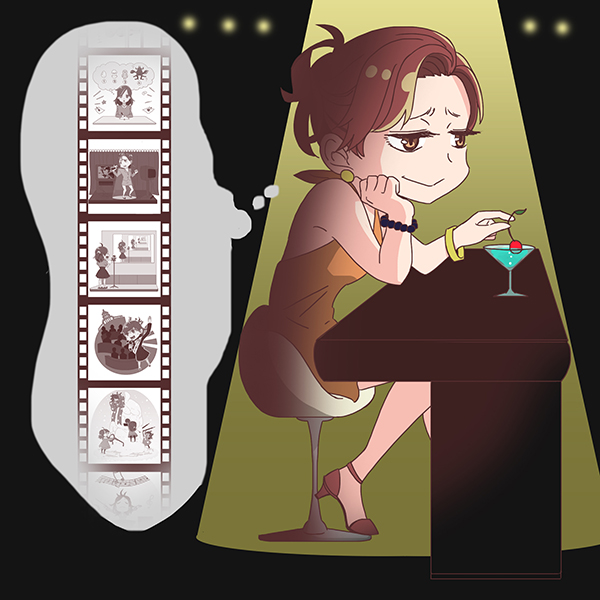 1girl, bracelet, brown_hair, cherry, commentary, dress, drink, earrings