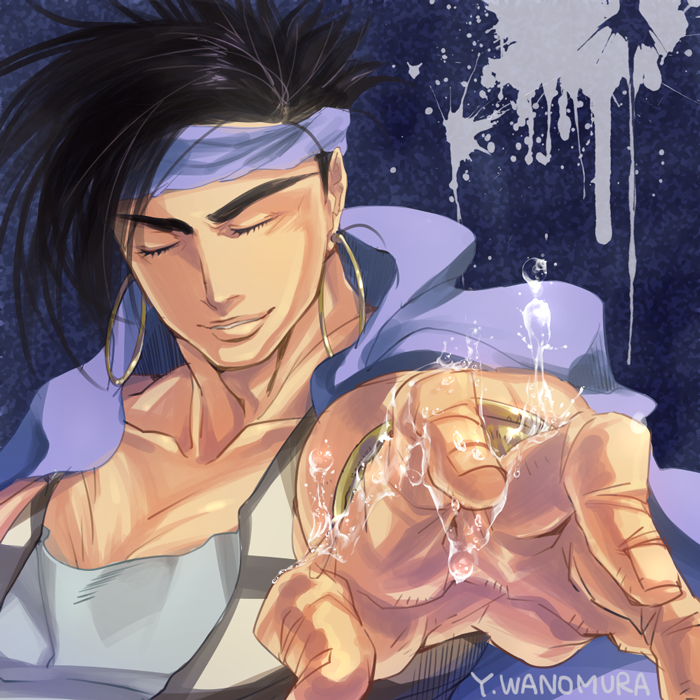 1boy, black_hair, closed_eyes, geb_(stand), headband, jojo_no_kimyou_na_bouken, n'dour, solo, stand_(jojo), wa_no_mura, water