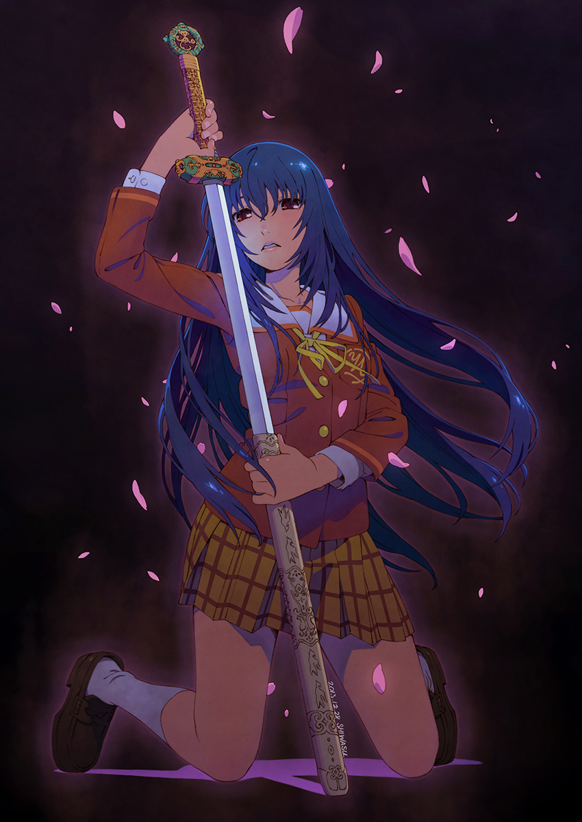 1girl, blue_hair, cherry_blossoms, highres, kneeling, kuon_no_kizuna, long_hair, red_eyes