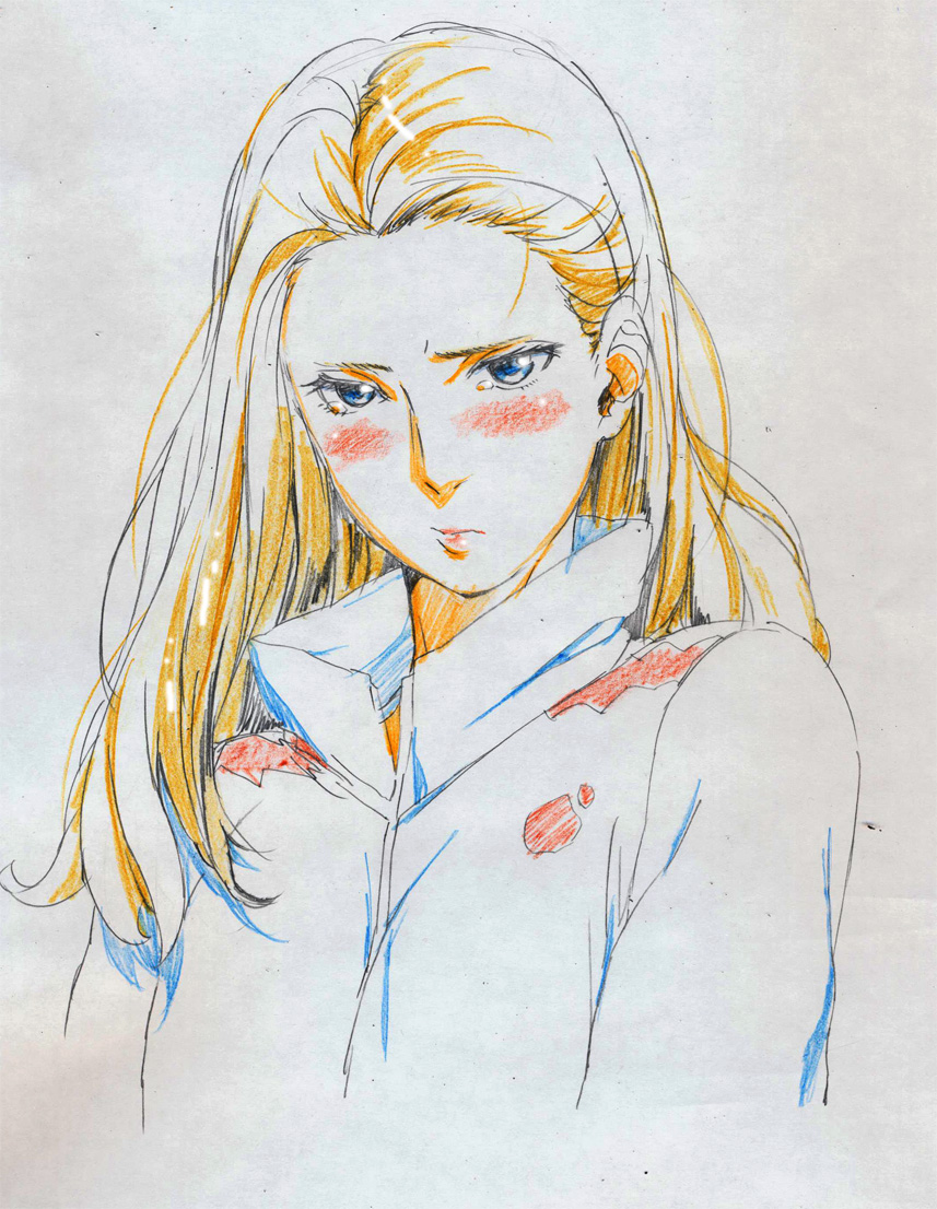 1girl, 2014_winter_olympics, blonde_hair, blue_eyes, blush, hair_down, real_life, tears, traditional_media, yulia_lipnitskaya