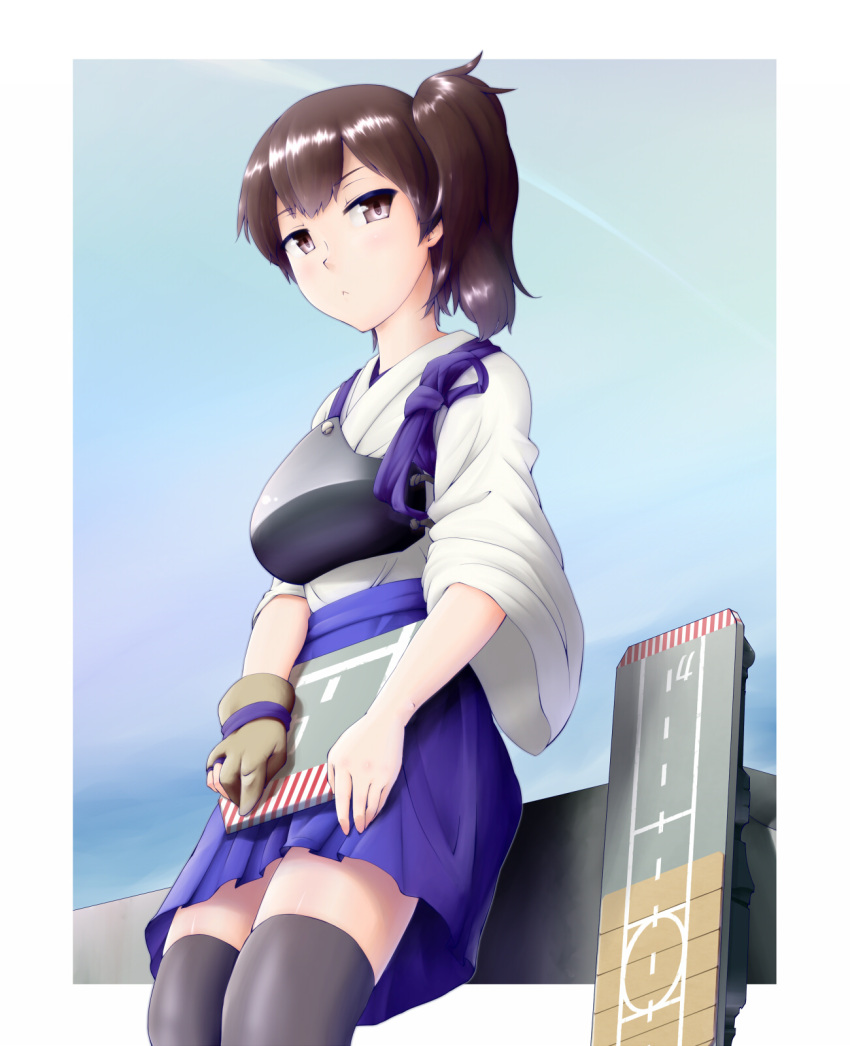 1girl, :<, black_legwear, blush, breasts, brown_eyes, brown_hair, flight_deck