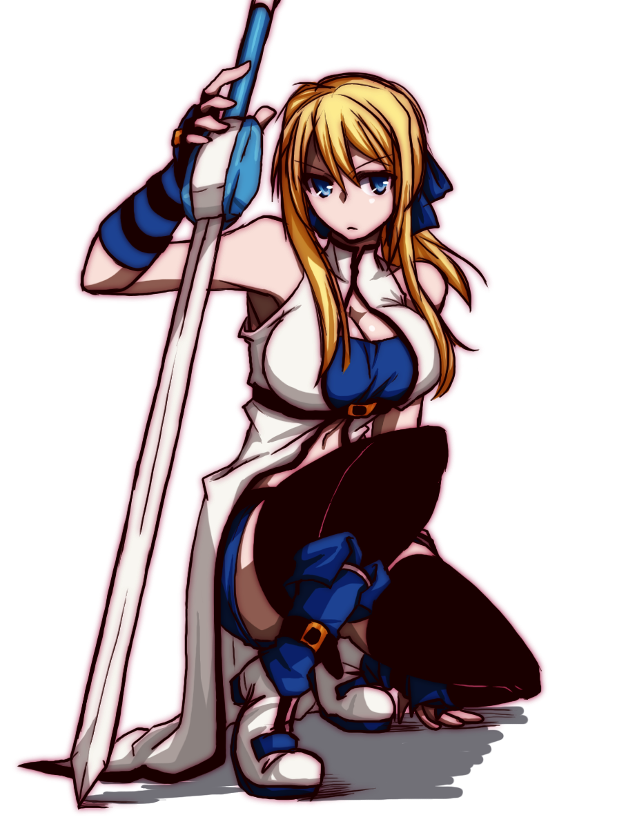 1girl, black_legwear, blonde_hair, blue_eyes, breasts, cleavage, cleavage_cutout, fingerless_gloves, genderswap, gloves, guilty_gear, hair_ribbon, highres, ky_kiske, large_breasts, long_hair, navel, ponytail, ribbon, ryuuri_(aoithigo), solo, squatting, sword, thighhighs, weapon