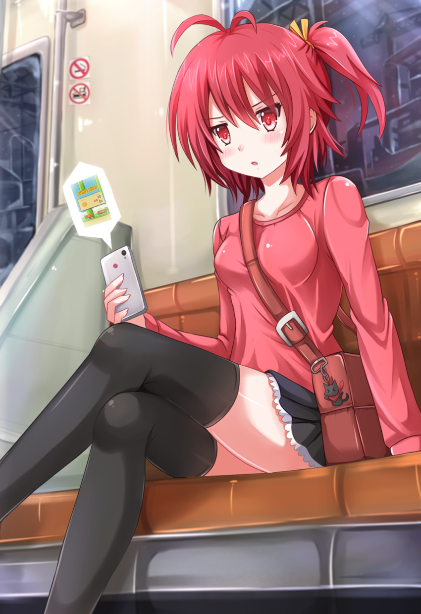 >_<, 1girl, ahoge, antenna_hair, bag, black_legwear, cat, cellphone, flappy_bird, highres, kazenokaze, keychain, nichijou, original, parted_lips, phone, redhead, sakamoto_(nichijou), short_hair, side_ponytail, smartphone, solo, speech_bubble, thighhighs, train, train_interior