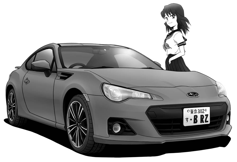 1girl, car, hand_in_pocket, kazuka_tokio, long_hair, monochrome, motor_vehicle, original, school_uniform, serafuku, skirt, smile, subaru_(brand), subaru_brz, vehicle