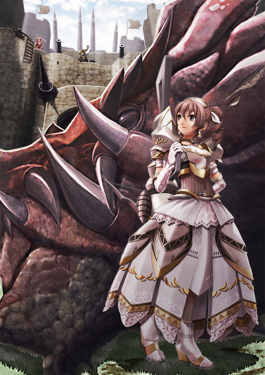 brown_hair, castle, dragon, dress, drill_hair, earrings, elbow_gloves, gloves