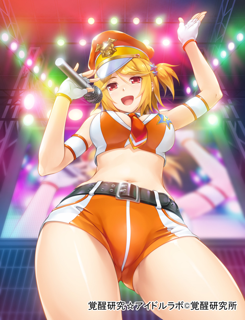 1girl, armband, belt, blonde_hair, breasts, fingerless_gloves, from_below, gloves