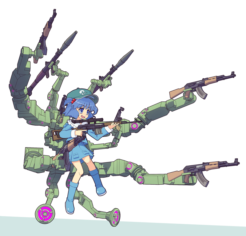 ak-47, assault_rifle, bad_id, blue_eyes, blue_hair, dragunov_svd, fang, gun, hair_bobbles, hair_ornament, hat, kawashiro_nitori, machine_pistol, mecha, multi_arm, multi_limb, multiple_arms, rifle, rocket_launcher, rpg, rpg-7, scorpion, skorpion_vz._61, sniper_rifle, solo, submachine_gun, torosalmon, touhou, twintails, weapon