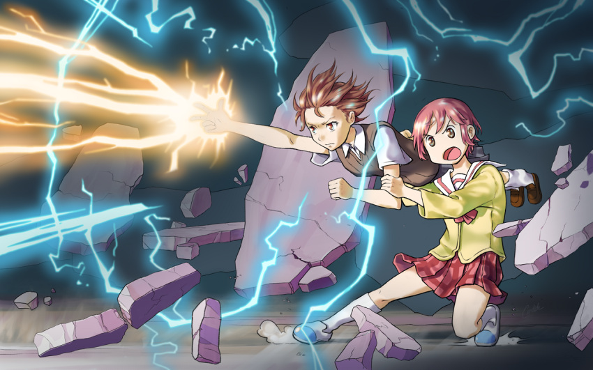 2girls, biribiri, brown_hair, candide, crossover, electricity, firing, ground_shatter