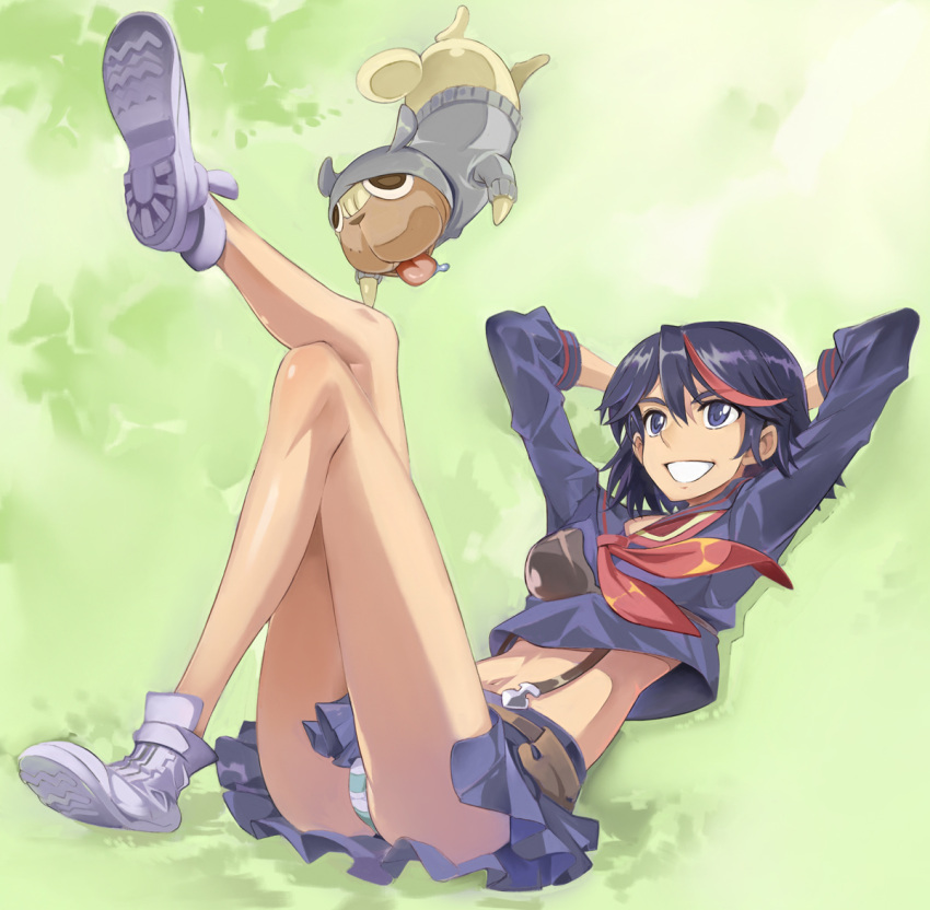 1girl, black_hair, black_skirt, blue_eyes, dog, green_background, guts_(kill_la_kill), kill_la_kill