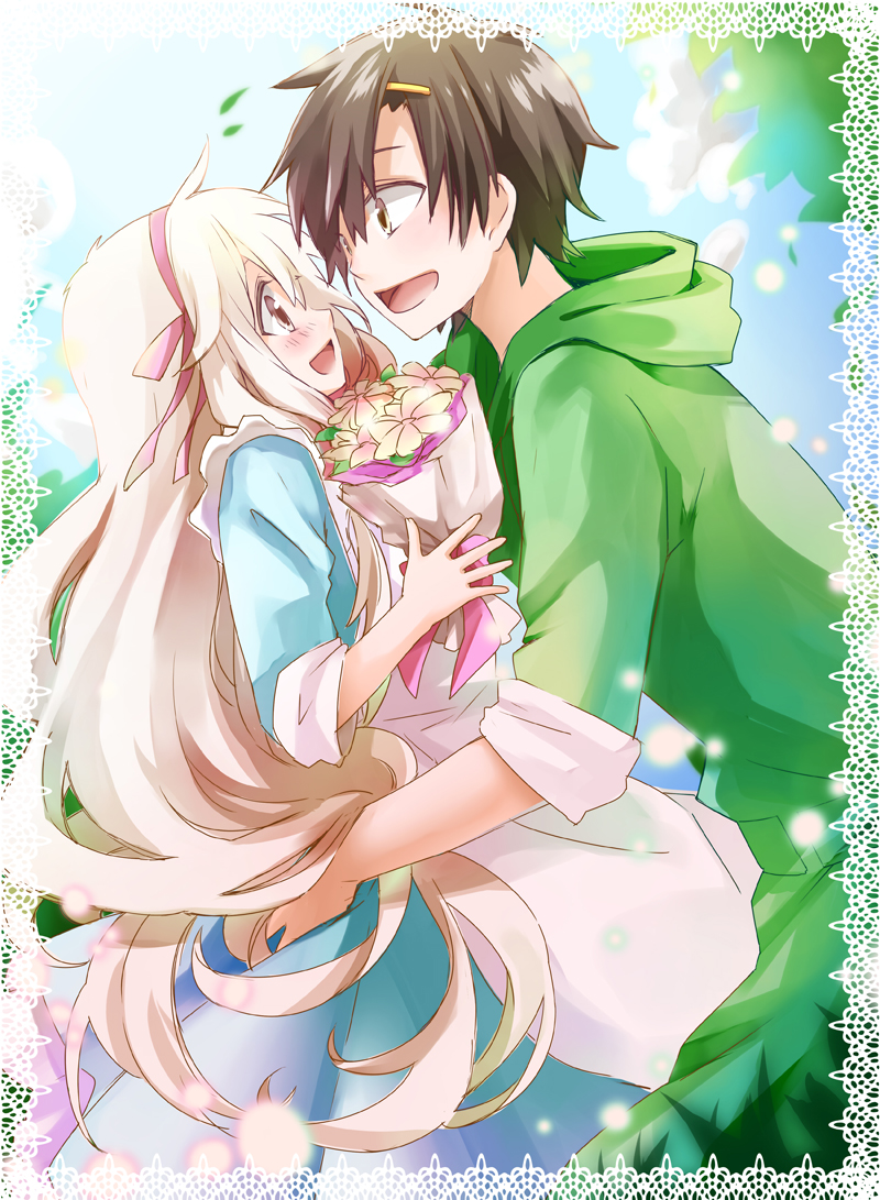 1boy, 1girl, black_hair, bouquet, dress, flower, hoodie, hug