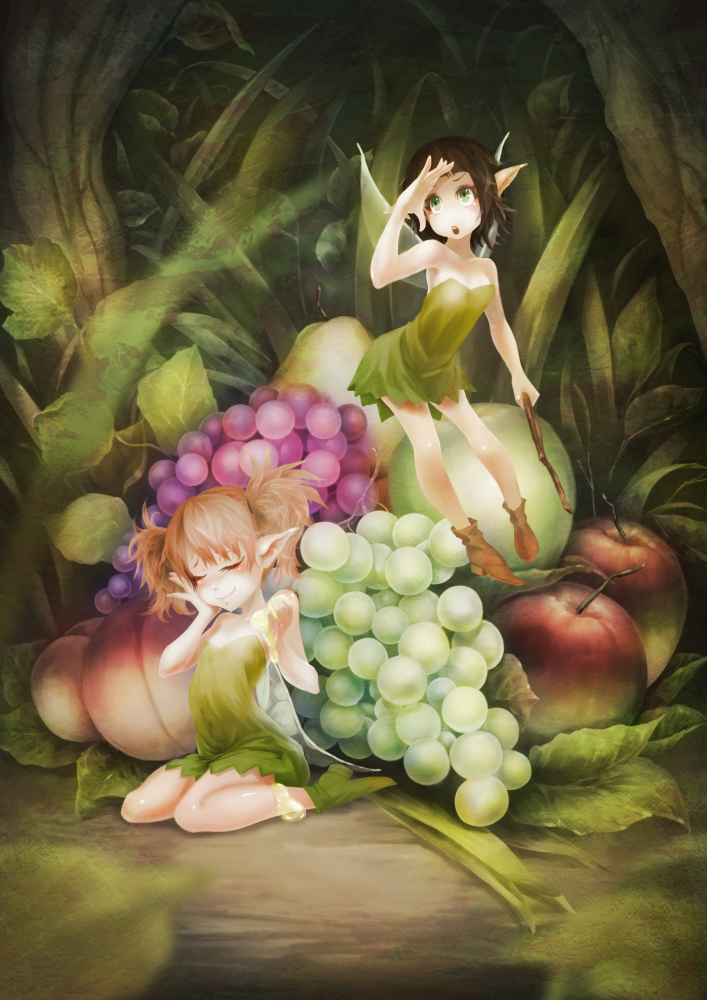 2girls, akai_kitsune, apple, brown_hair, closed_eyes, dress, fairy, food, fruit, grapes, green_dress, green_eyes, minigirl, multiple_girls, open_mouth, original, pointy_ears, shading_eyes, sitting, smile, strapless_dress, twintails, wariza