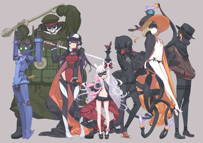 3boys, 4girls, android, arm_up, arms_up, barefoot, belt, black_panties