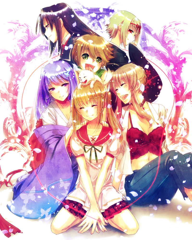 5girls, akai_ito, akaiito, asama_sakuya, black_hair, blonde_hair, blue_hair, brown_hair, closed_eyes, dog, green_eyes, hatou_kei, japanese_clothes, kimono, multiple_girls, nozomi_(akai_ito), nozomi_(akaiito), petals, red_eyes, school_uniform, seitsuji, senba_uzuki, twintails, wakasugi_tsuzura, yumei
