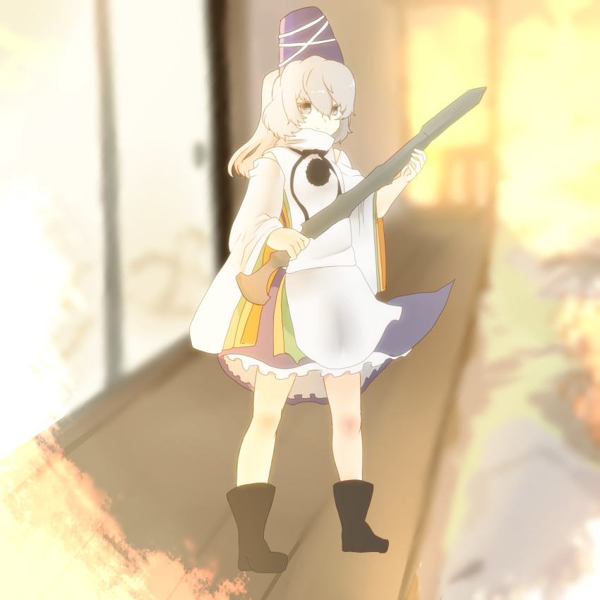 1girl, detached_sleeves, full_body, grey_eyes, grey_hair, hat, hiedanotsukai, highres