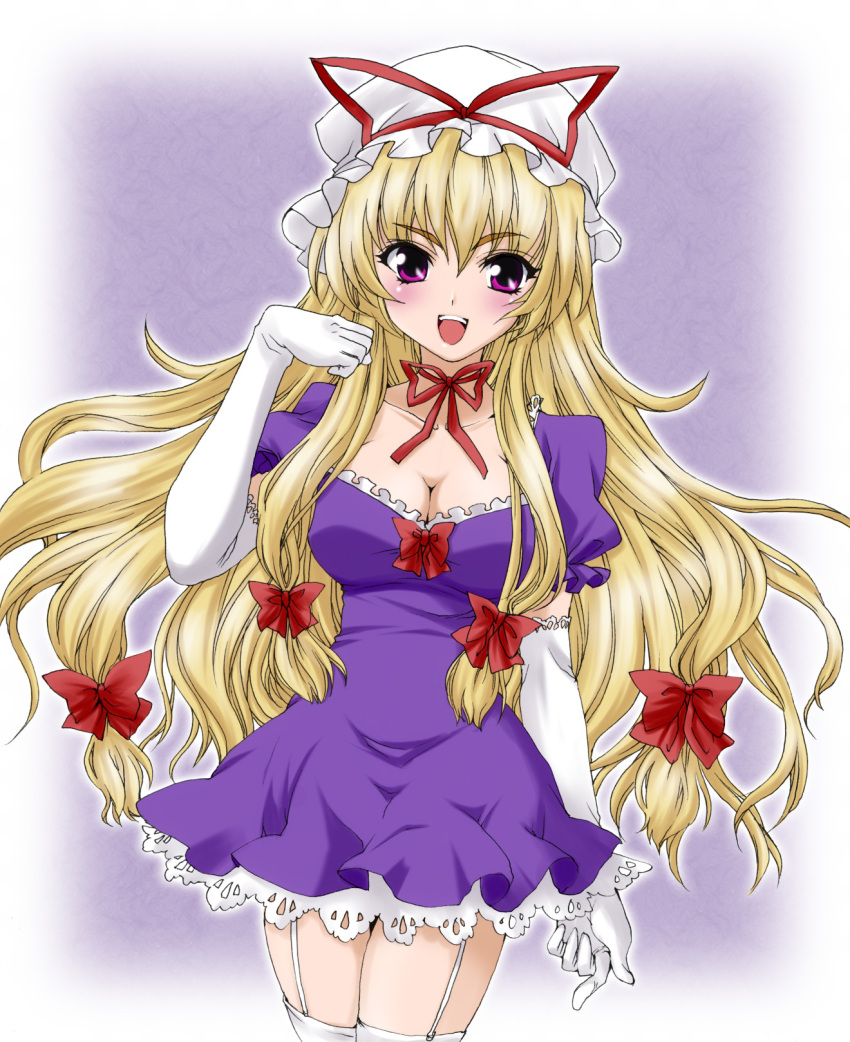 blonde_hair, elbow_gloves, garter_belt, gloves, hat, highres, long_hair, purple_eyes