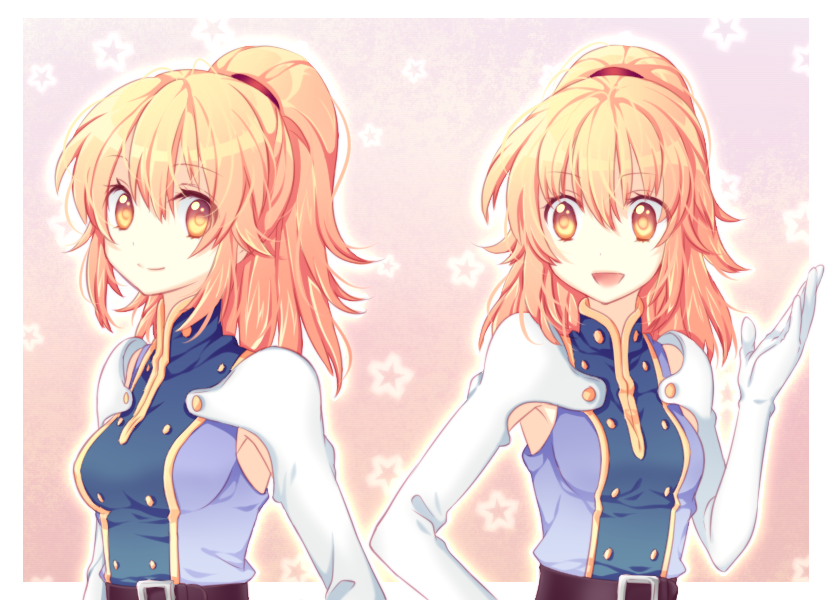 armpits, blonde_hair, chastel_aiheap, elbow_gloves, gloves, hisuka_aiheap, multiple_girls, ponytail