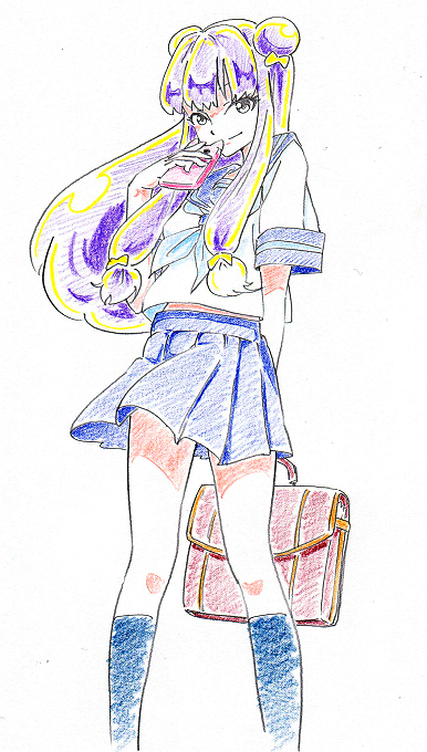 1girl, arm_behind_back, bag, blue_skirt, cellphone, colored_pencil_(medium), double_bun, kneehighs, long_hair, lucille, phone, purple_hair, ranma_1/2, school_bag, school_uniform, serafuku, shampoo_(ranma_1/2), short_sleeves, skirt, standing, traditional_media, white_background