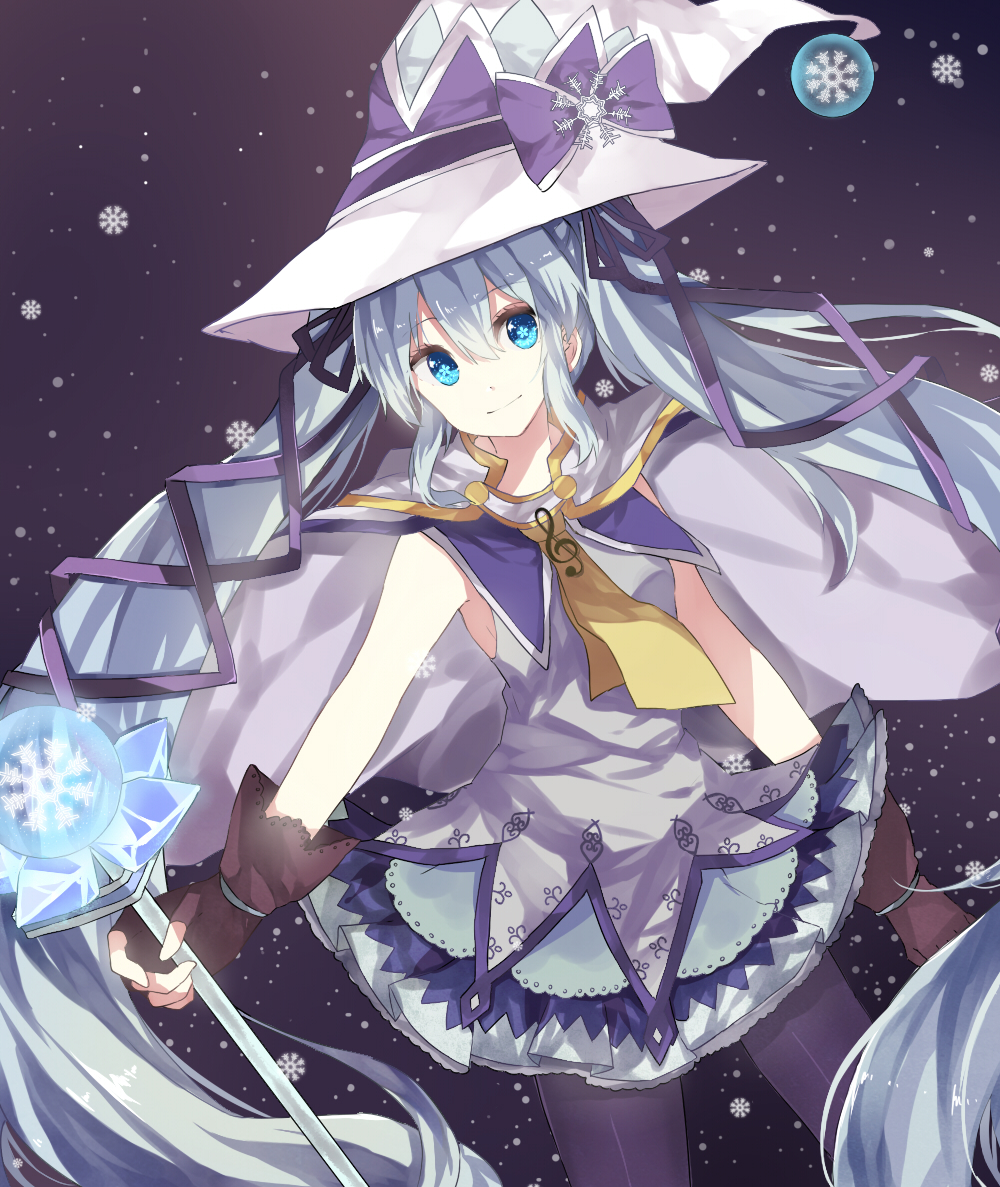 1girl, blue_eyes, cape, fingerless_gloves, gloves, hair_ribbon, hat, hatsune_miku, long_hair, magical_girl, otakushotakon, pantyhose, ribbon, skirt, snowflakes, snowing, solo, twintails, very_long_hair, vocaloid, wand, witch_hat, yuki_miku