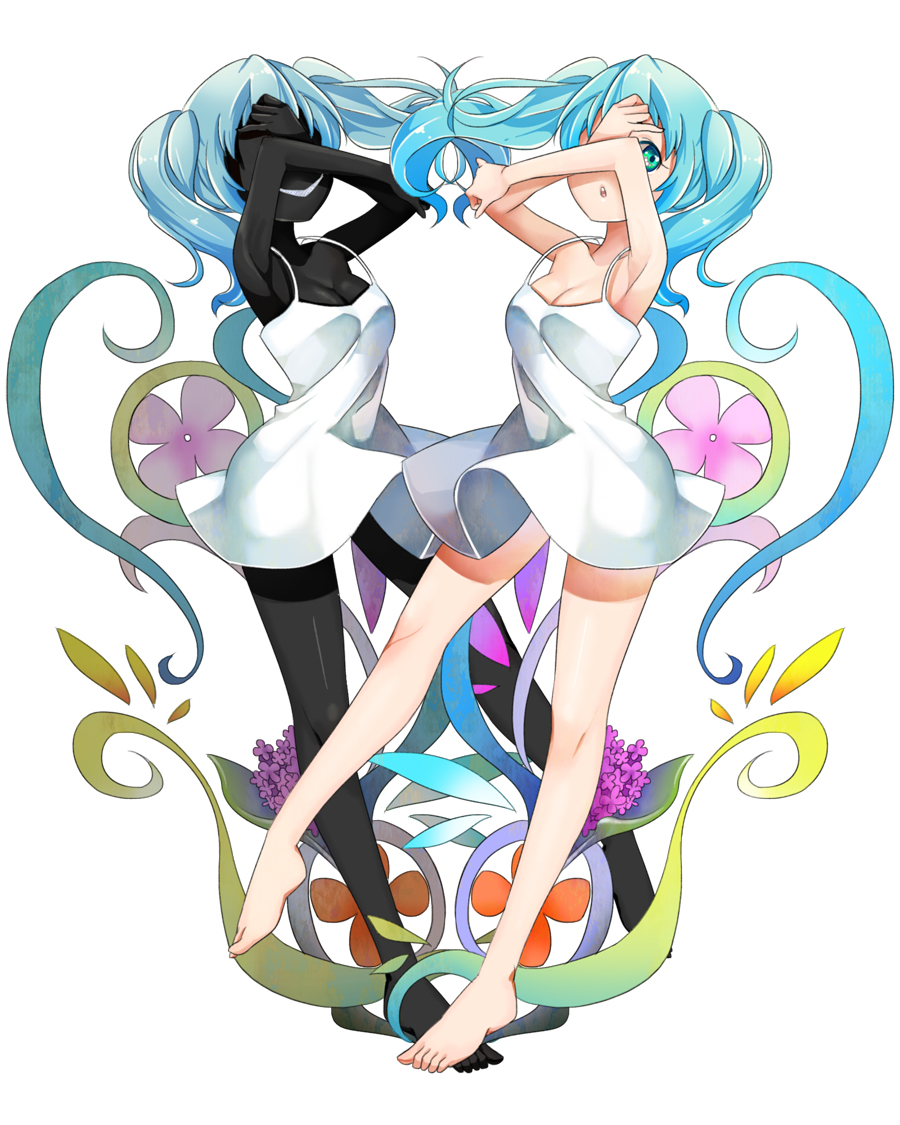 2girls, aqua_hair, armpits, barefoot, black_skin, dress, error, green_eyes, grin, hatsune_miku, moi_latte, multiple_girls, persona_alice_(vocaloid), smile, twintails, vocaloid