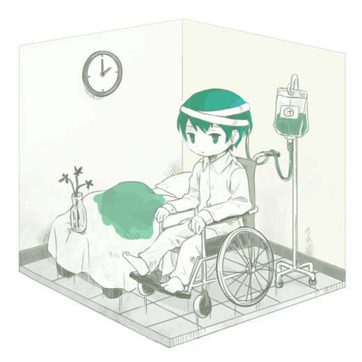 1boy, aojiru_(yume_2kki), bandages, barefoot, bed, expressionless, full_body, green_eyes