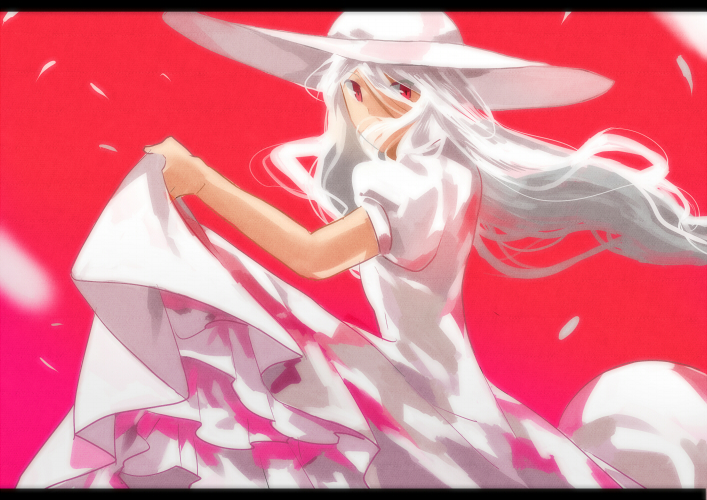 1girl, albino, alternate_color, frills, getiao, hat, long_hair, looking_back