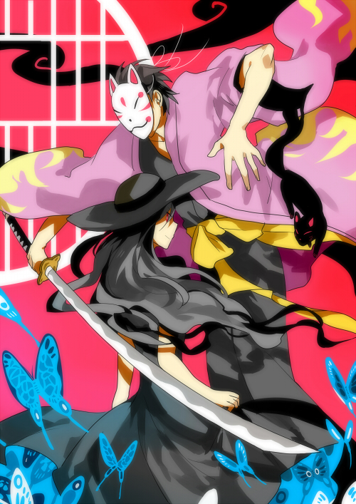 1boy, 1girl, black_hair, butterfly, floating_hair, fox_mask, getiao, hat