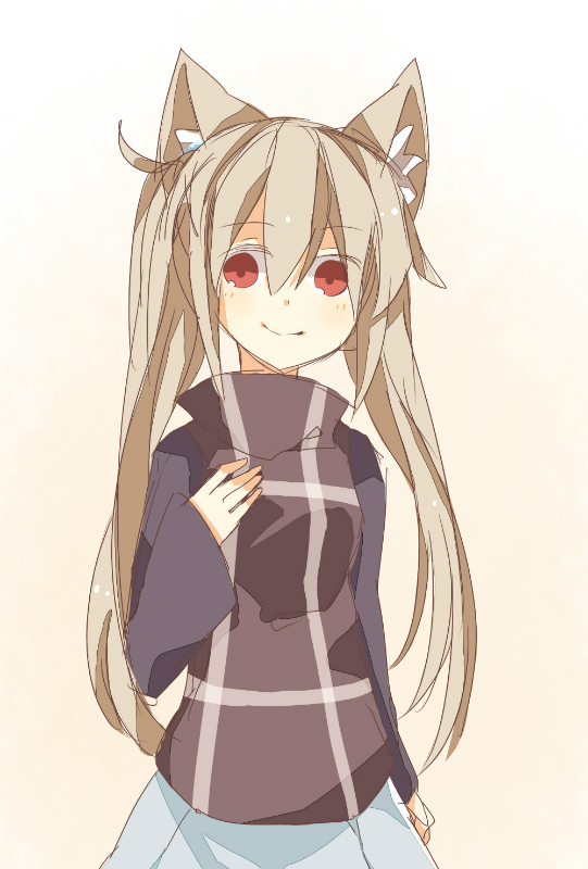 1girl, alternate_hairstyle, animal_ears, blonde_hair, long_hair, looking_at_viewer, red_eyes, solo, turtleneck, twintails, urotsuki, very_long_hair, wolf_ears, yami_(yamitukiyoru), yume_2kki